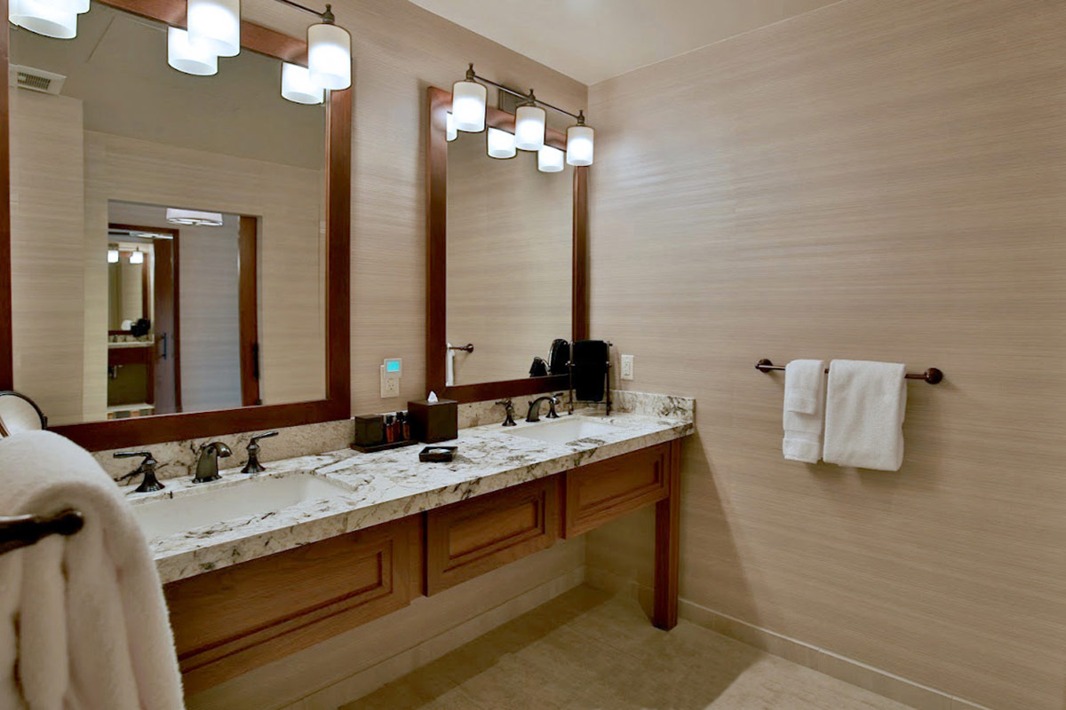 Spacious bathroom in a guest accommodation at Vintners Resort, featuring a double vanity.
