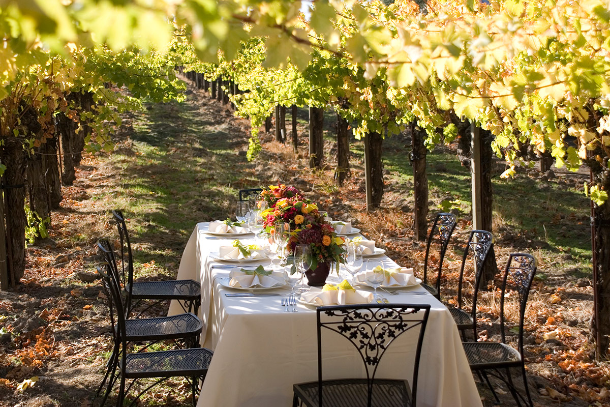 Set admist the vines, the outdoor Vineyard Table at Vintners Resort with expansive vineyard views.