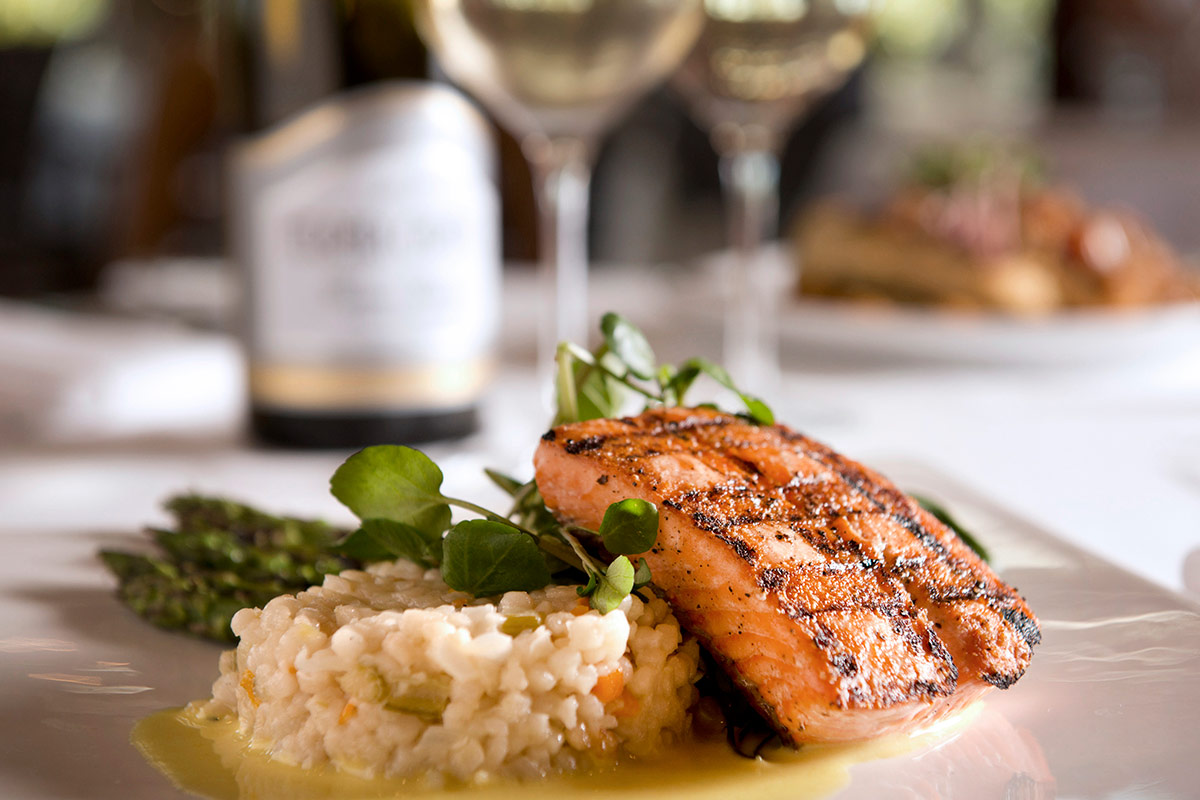 A delectable salmon dish, complemented by white wine.