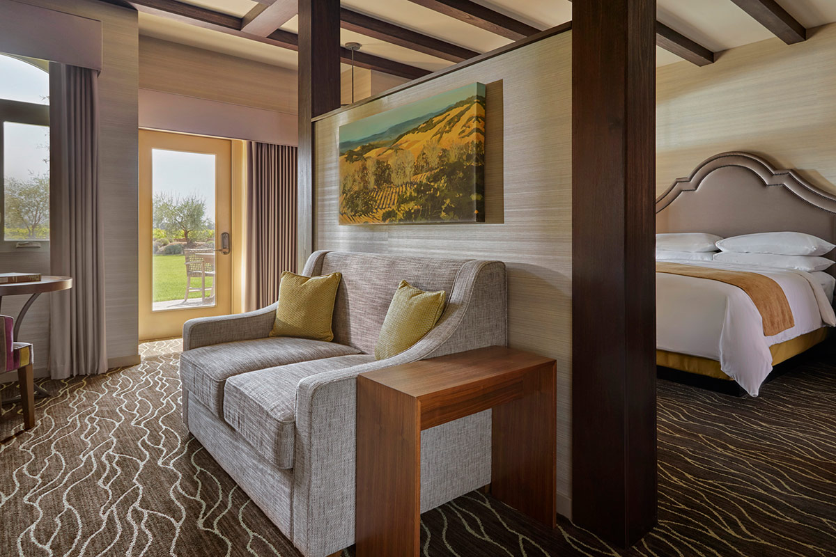 In the smart open-concept layout, the Vineyard View Suite's comfortable living area is a semi-private space defined from the bedroom area.
