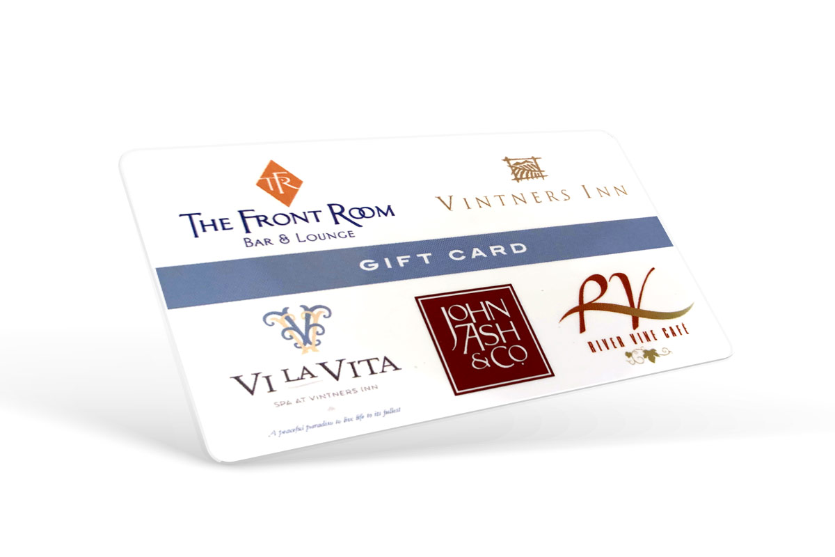 Vintners Resort's gift card with logos of The Front Room Bar and Lounge, Vi La Vita Spa, John Ash & Co, River Vine, and the Resort.